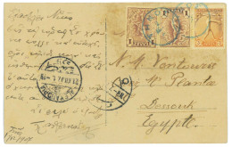P3430 - GREECE 1907, MIXED FRANKING, 5 L. RATE POST CARD TO EGYPT, 3 L. + DEFINITIVE 1 L. X 2, - Summer 1896: Athens