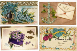 4 Cpa Gaufrées : Composition De Myosotis, Violettes Avec Poissons, Roses Bonne Année 1906 Paillettes - Flowers