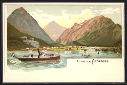 Lithographie Achensee, Ortsansicht Am See Mit Bergen Und Dampfer  - Other & Unclassified