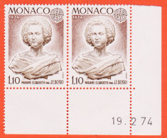12265 / ⭐ (•◡•) ◉ MONACO Coin Daté 19-02-1974 Paire Yvert Y-T N° 958 Madame ELISABETH Par BOSIO 1fr10 LUXE MNH**  - Unused Stamps