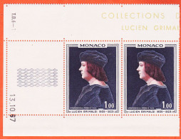 12077 / ⭐ (•◡•) ◉ MONACO Coin Daté 13-10-1967 Paire Yvert Y-T N° 735 Lucien GRIMALDI 1fr00 LUXE MNH**  - Unused Stamps