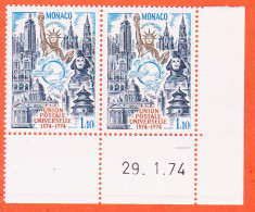 12253 / ⭐ (•◡•) ◉ MONACO Coin Daté 29-01-1974 Paire Yvert Y-T N° 955 Union Postale Universelle 1fr10 LUXE MNH**  - Ongebruikt