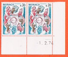 12273 / ⭐ (•◡•) ◉ MONACO Coin Daté 01-02-1974 Paire Yvert Y-T N° 954 Union Postale Universelle 0fr70 LUXE MNH**  - Nuovi