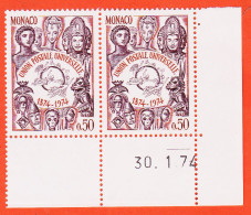 12310 / ⭐ (•◡•) ◉ MONACO Coin Daté 30-01-1974 Paire Yvert Y-T N° 953 Union Postale Universelle 0fr50 LUXE MNH**  - Unused Stamps