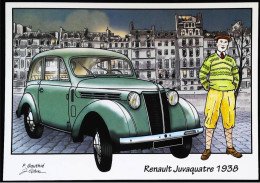 ► RENAULT JUVAQUATRE    1938. - Dans Une Rue De Paris   - CPM Illustrateur - Voitures De Tourisme