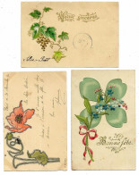 3 Cpa Trèfle Gaufrée Bonne Fête, Raisin & Feuilles Vigne Gaufrée Vœux Sincères, Et Coquelicot Art Nouveau 1901 - Autres & Non Classés