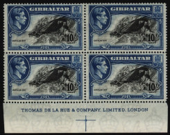 1938 10s Black & Blue P.14 Lower Marginal Imprint Block Of Four, M (2x UM), Toned Gum, Some Minor Gum Creases, SG.130. ( - Other & Unclassified