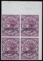 1874-78 6d Lilac Plate Proof Upper Right Corner Marginal Block Of Four On Ungummed Thick Paper, Ovptd CANCELLED, VF. - Autres & Non Classés