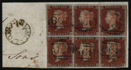 1841 1d Red-brown In Block Of Six QD-RF, Close To Good Margins All Round On Piece, ‘498’ Numerals Of Manchester And With - Altri & Non Classificati