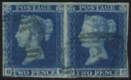 Plate 4 OB-OC Pair With Clear To Good Margins, Cancelled BLUE 1844 Type Barred Oval Numeral Cancels, Some Pressed Crease - Andere & Zonder Classificatie