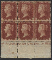 1864-79 1d Rose Red Pl.221 In A Lower Marginal Block Of Six SG/TI, Top Three Stamps SG/SI With Creases, SH With Couple O - Other & Unclassified