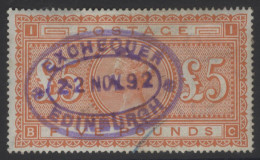 1867-83 £5 Orange BC, Fiscally Used Example With Exchequer Edinburgh 22.NOV.92 Oval Cancel In Purple & Small Part Blue C - Sonstige & Ohne Zuordnung