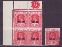 St Lucia SG89 1d With Large WAR TAX Cancellation Single Stamp And Block Of 4mnh ** - Ste Lucie (...-1978)