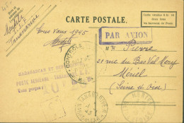 CP Par Avion Cachet Madagascar & Dépendances Poste Aérienne Tananarive RP Taxe Perçue 10F20 Censure - Airmail