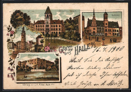 Lithographie Halle A. S., Blick Auf Moritzburg, Kaiserl. Postamt, Leipziger Turm Und Rathaus  - Other & Unclassified