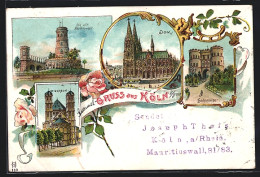Lithographie Köln, St. Gereon, Alte Bottmühle, Dom, Hahnentor  - Koeln