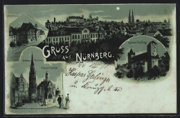 Mondschein-Lithographie Nürnberg, Kaiser-Stallung, Dürerhaus, Schöner Brunnen Und Frauenkirche  - Nürnberg
