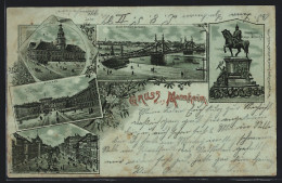 Mondschein-Lithographie Mannheim, Rathaus, Schloss, Neue Neckar-Brücke  - Mannheim