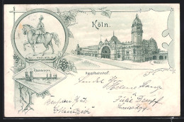 Lithographie Köln, Hauptbahnhof, Rheinbrücke, Denkmal Friedrich Wilhelm IV.  - Koeln