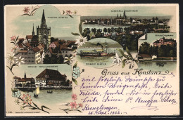 Lithographie Konstanz, Münster, Schloss Mainau, Bodensee Dampfer  - Konstanz