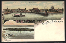 Lithographie Konstanz, Dampfer Im Hafen, Insel Reichenau  - Konstanz