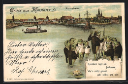 Lithographie Konstanz, Dampfer Fährt In Den Hafen Ein, Stadtrand, Frösche Geben Ein Konzert Am Bodensee Um 1900  - Konstanz