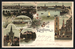 Lithographie Konstanz, Landungssteg, Kaiserbrunnen, Münster  - Konstanz