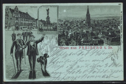 Mondschein-Lithographie Freiburg I. Br., Rathaus, Sieges-Denkmal, Panorama Mit Münster  - Freiburg I. Br.