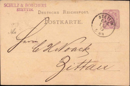 604309 | Ganzsache Der Firma Schulz & Borchers Mit Entwertung Des Eisenbahn Post Büro  | Stettin (Stettin Stadt Pommern) - Lettres & Documents