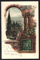 Passepartout-Lithographie Freiburg I. Br., Münster Durch Ein Bogenfenster Gesehen, Wappen  - Autres & Non Classés
