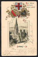 Passepartout-Lithographie Freiburg I. B., Münster In Der Gesamtansicht, Wappen  - Autres & Non Classés