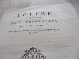 Lettre Adressée Aux Protestants D Languedoc à L'occasion De L'attentat Sur Le Roi 1757 Pal Rabaut Pasteur Nîmes - Documents Historiques