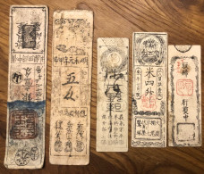 Tres Rare: 5 Billets Japonais Différents Des XVIII/XVIV Siècles "L'argent Du Samouraï" - Japon