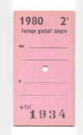 Ticket De Train SNCF Type Edmondson "Billet 2e Cl - Voyage Gratuit Simple Pour Bagage De Moins De 30kg - 1980" - Andere & Zonder Classificatie