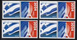 GREECE/FRANCE 2024, 4 Uprated Personalised Stamps With OLYMPIC FLAME Label, MNH/**, PARIS OLYMPICS. - Nuevos