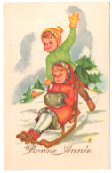 Vœux : Nouvel An : Bonne Année : Paysage Enneigé - Enfants - Luge : Illustrateur - S.P. - Nouvel An