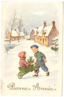 Vœux : Nouvel An : Bonne Année : Village Enneigé - Enfants - Brouette - Houx : Illustrateur - D.L. - Nouvel An