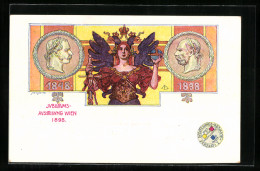 Künstler-AK Wien, Jubiläums-Ausstellung 1898, Kaiser Franz Josef I. Von Österreich, Germania Mit Schwert  - Royal Families