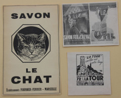 Lot De 3 Publicités, Savon Le Chat, La Tour, Fer à Cheval, + Lessive Util, Marseille, 1950 - Publicités