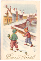 Vœux : Nouvel An : Bonne Année : Village Enneigé - Enfants - Boule De Neige - Trèfle : Illustrateur - D.L. - Nouvel An