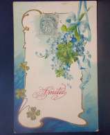 1715 THEME . AMITIE . FLEURS TREFLE A QUATRE FEUILLES . OBLITEREE 1906 . CARTE GAUFREE - Fleurs