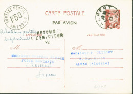 Guerre 40 Entier Pétain Cachet Surtaxe Aérienne Perçue 1,5 Amiens Manuscrit Relations Postales Suspendues Pour L'Algérie - 2. Weltkrieg 1939-1945