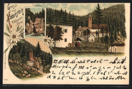 Lithographie Kössen /Tirol, Klobenstein Mit Kirche, Entenloch, Edelweiss  - Autres & Non Classés