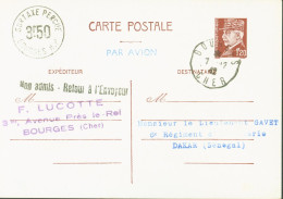 Guerre 40 Entier Pétain Par Avion Cachets Surtaxe Aérienne Perçue Bourges + Non Admis Retour Envoyeur Pour Dakar Sénégal - Oorlog 1939-45