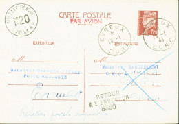 Guerre 40 Entier Pétain Par Avion Cachets Surtaxe Aérienne Perçue Evreux + Retour Envoyeur 8850 Pour Rabat Maroc - 2. Weltkrieg 1939-1945
