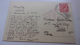 MALTA VALLETTA Malte  Cachet Censure PASSED BY CENSOR 4177 1917  AUBERGE DE CASTILLE - Malta