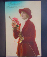 1741 THEME . HEUREUX ANNIVERSAIRE . FEMME AVEC CHAPEAU ET UNE CRAVACHE . BOUQUET DE FLEURS . OBLITEREE 1923 - Verjaardag