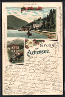 Lithographie Scholastika /Achensee, Ortsansicht Gegen Norden, Bäuerin Beim Kuhmelken  - Autres & Non Classés