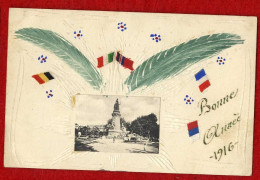 FLEURS  DESSIN -   CARTE ANCIENNE   REALISEE AU CANIF  DRAPEAUX  -  BONNE ANNEE 1916 - Populaire Kunst