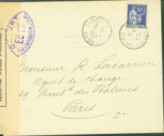 Guerre 40 YT Paix N°368 CAD Ancy Le Franc Yonne Censure Bande + Cachet EB 69 = Auxerre - WW II